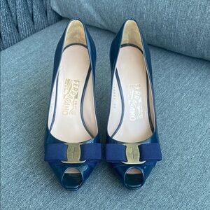 Salvatore Ferragamo Women's Navy Peep Toe Heels